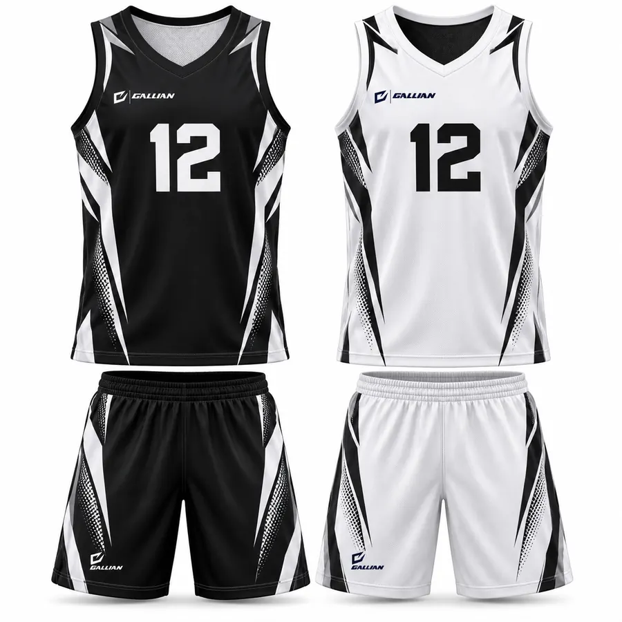 Tempest reversible basketball uniform shown black side and white side with slash graphics, by Gallian Sports