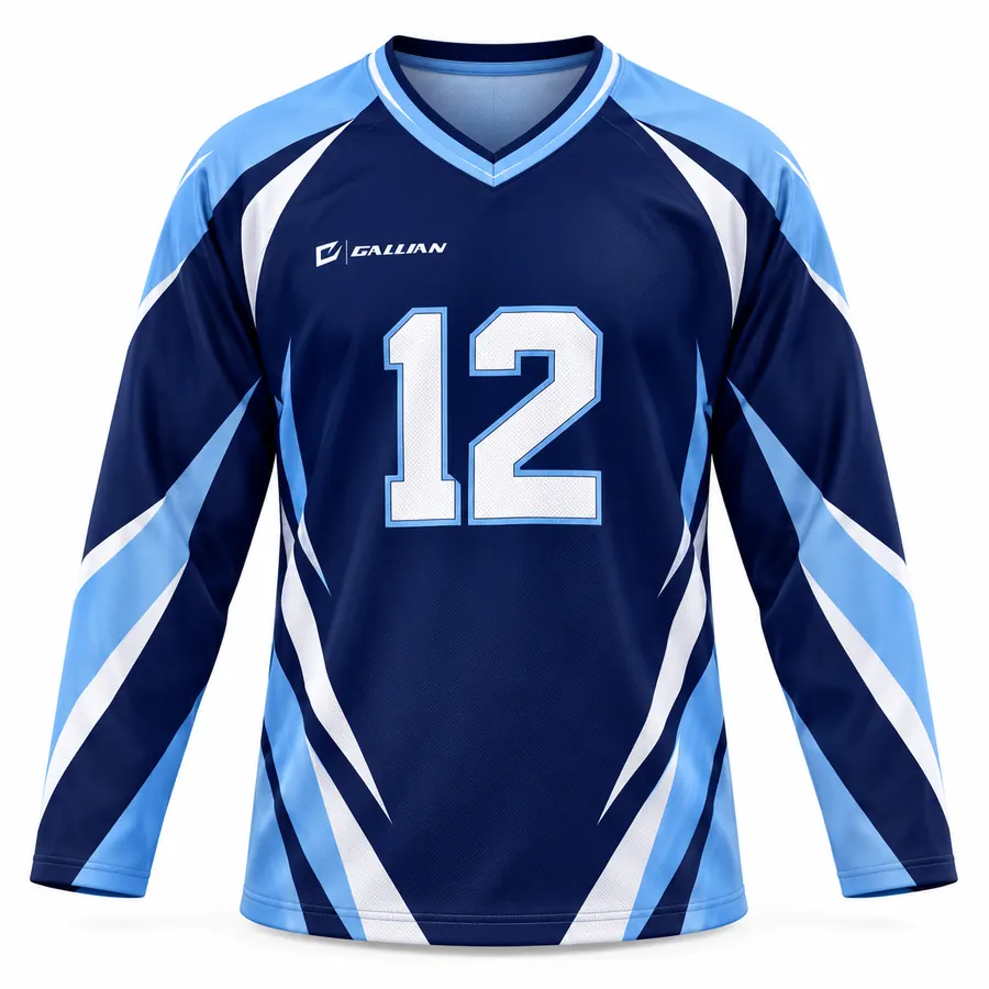 Rebel navy ringette jersey with sky-blue sleeves and white side piping by Gallian Sports
