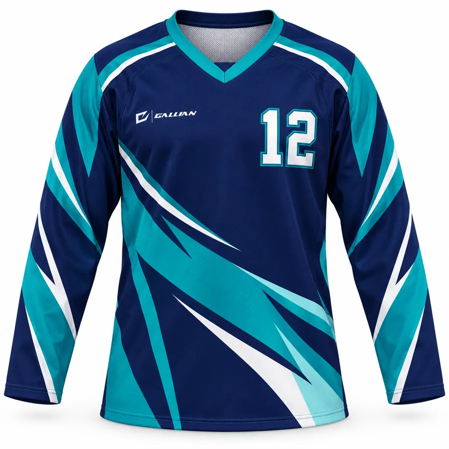 Unity navy ringette jersey with teal sleeve slashes and off-center chest number by Gallian Sports