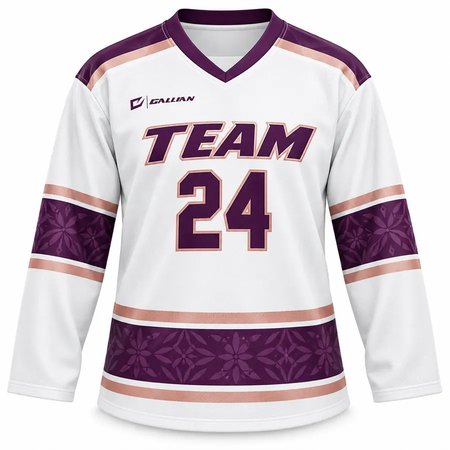 Vanguard white ringette jersey with plum floral pattern bands and rose stripes by Gallian Sports