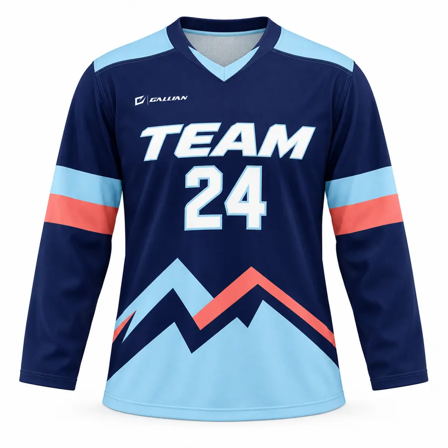 Wildfire navy ringette jersey with sky-blue mountain-peak hem and coral sleeve stripes by Gallian Sports