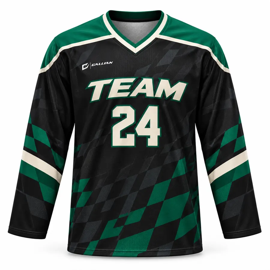 Zenith black ringette jersey with forest-green checkered sweep and cream trim by Gallian Sports