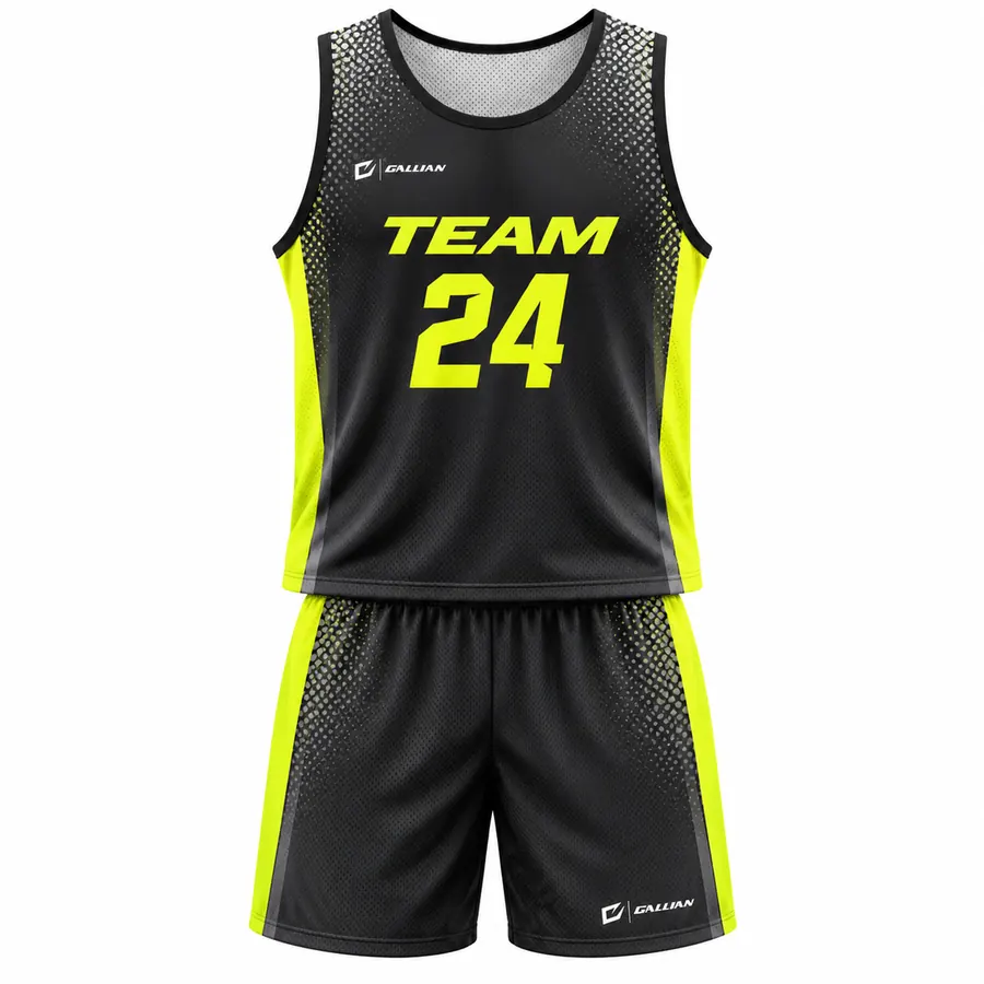 Talon Sleeveless Black and Neon Lacrosse Uniform, black halftone jersey with neon-yellow sides and shorts by Gallian Sports