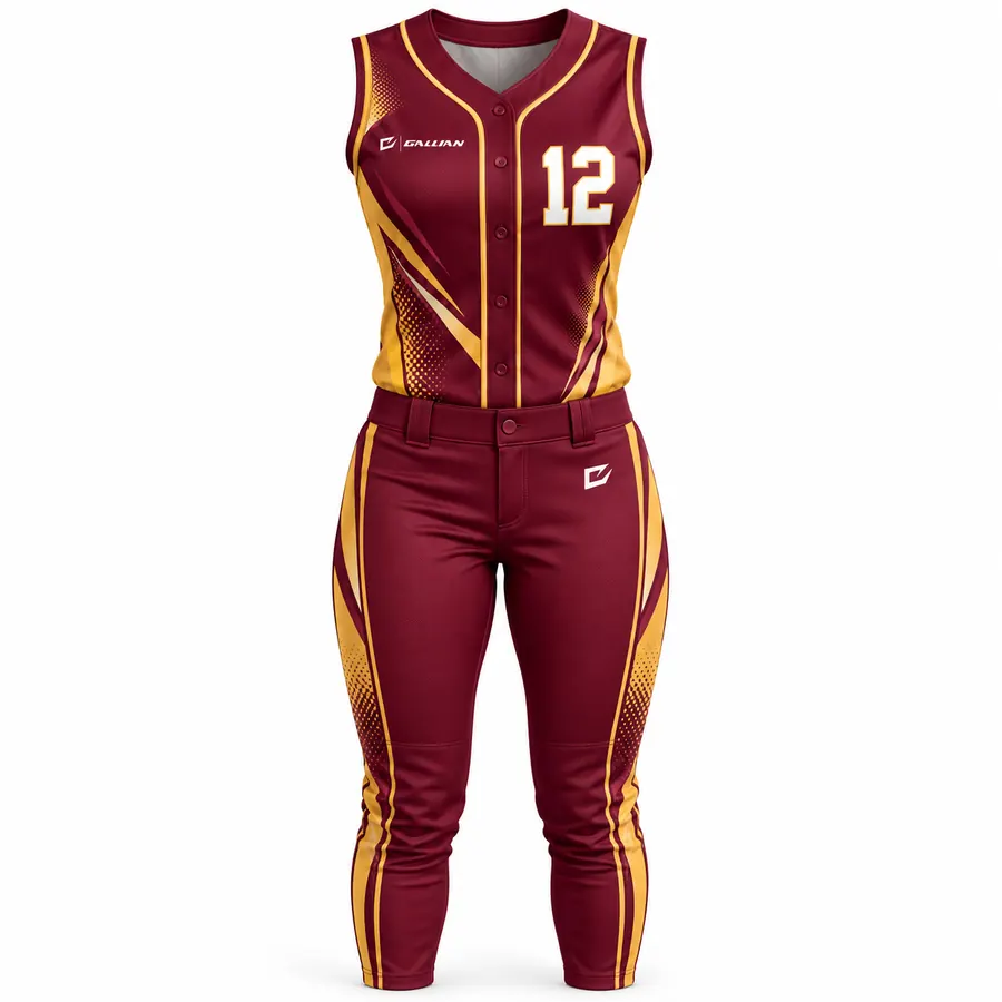 Cascade maroon sleeveless softball jersey with gold piping and maroon pants with gold stripes by Gallian Sports