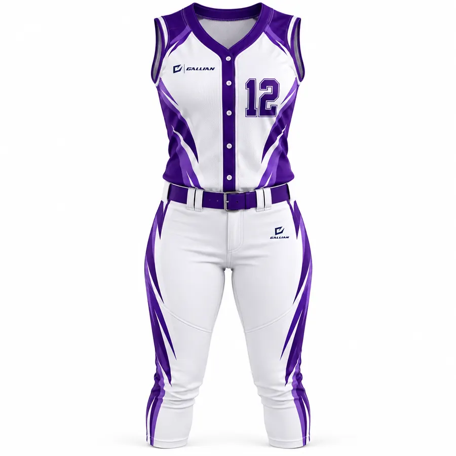 Nova white sleeveless softball jersey with purple side panels and purple-striped knicker pants by Gallian Sports