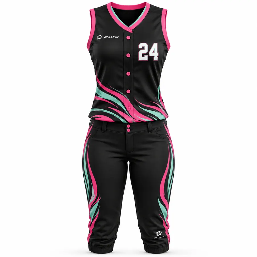 Sentinel black sleeveless softball jersey with pink and mint swirls and knicker pants by Gallian Sports