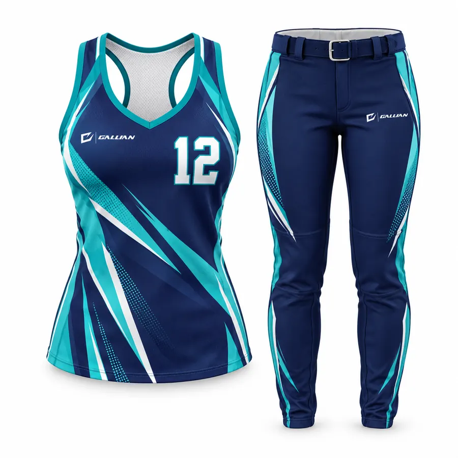 Uprising navy racerback softball top with teal and white slashes and navy pants by Gallian Sports