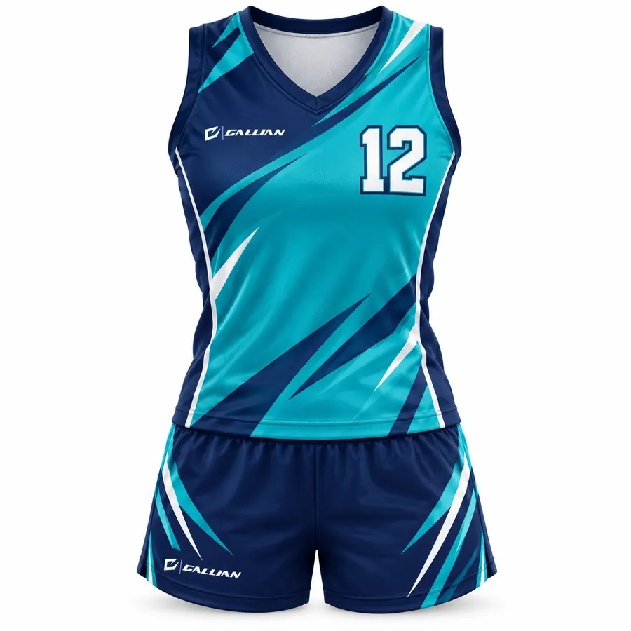 Insignia women's sleeveless volleyball uniform, teal jersey with navy slashes and navy shorts by Gallian Sports