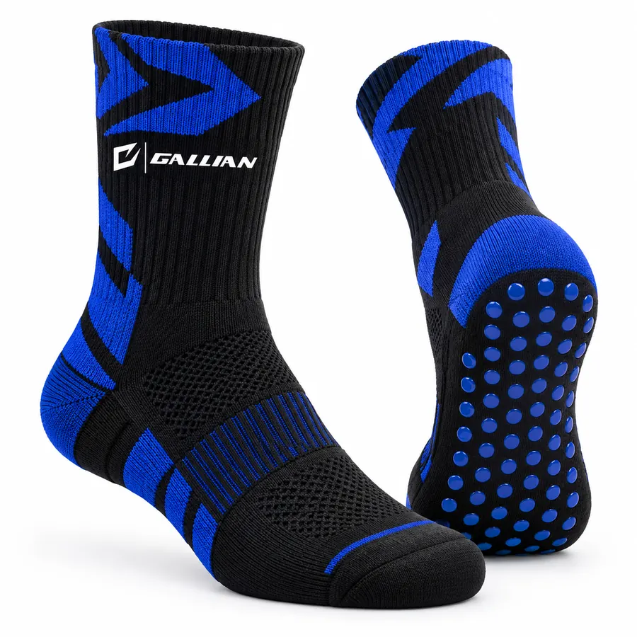 Custom Grip Socks with Team Logo – Black & Royal Blue, custom anti-slip grip socks with team logo by Gallian Sports