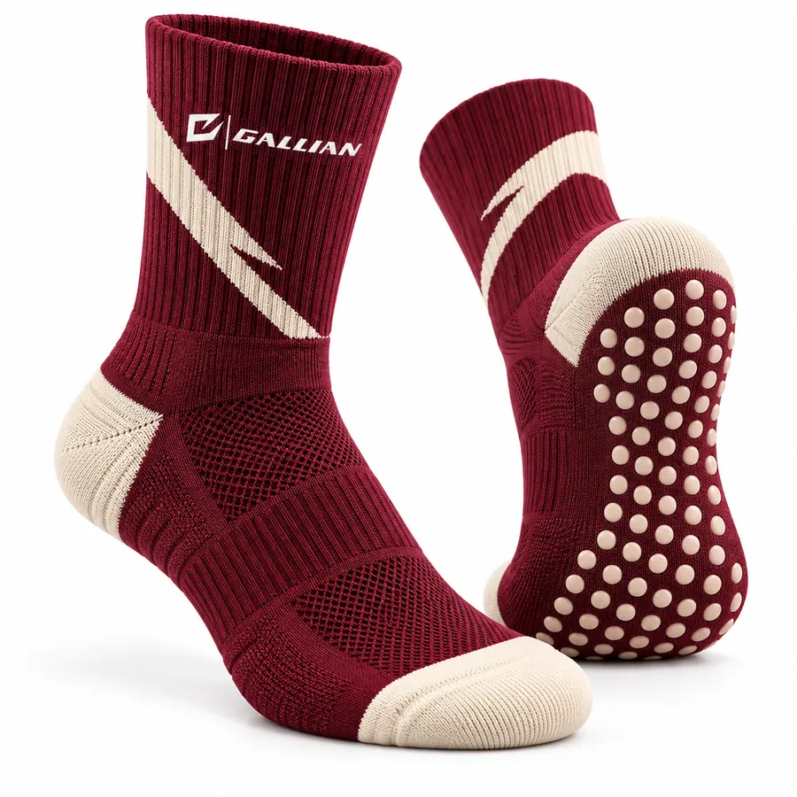 Custom Grip Socks with Team Logo – Maroon & Cream, custom anti-slip grip socks with team logo by Gallian Sports