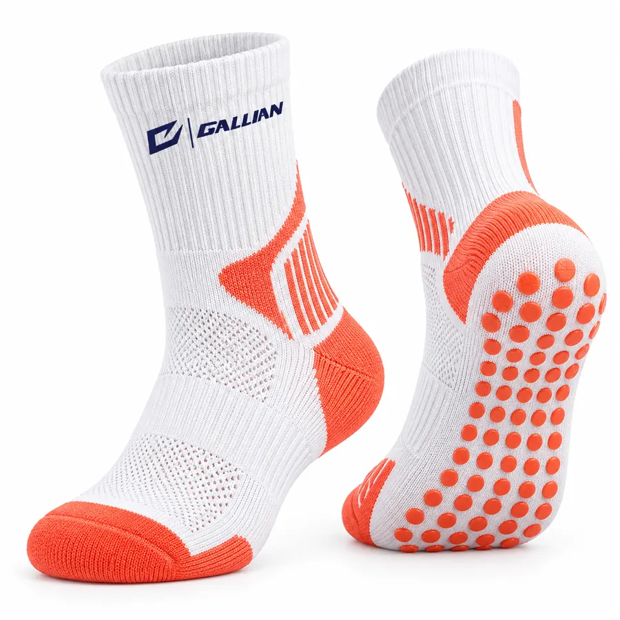 Custom Grip Socks with Team Logo – White & Orange, custom anti-slip grip socks with team logo by Gallian Sports