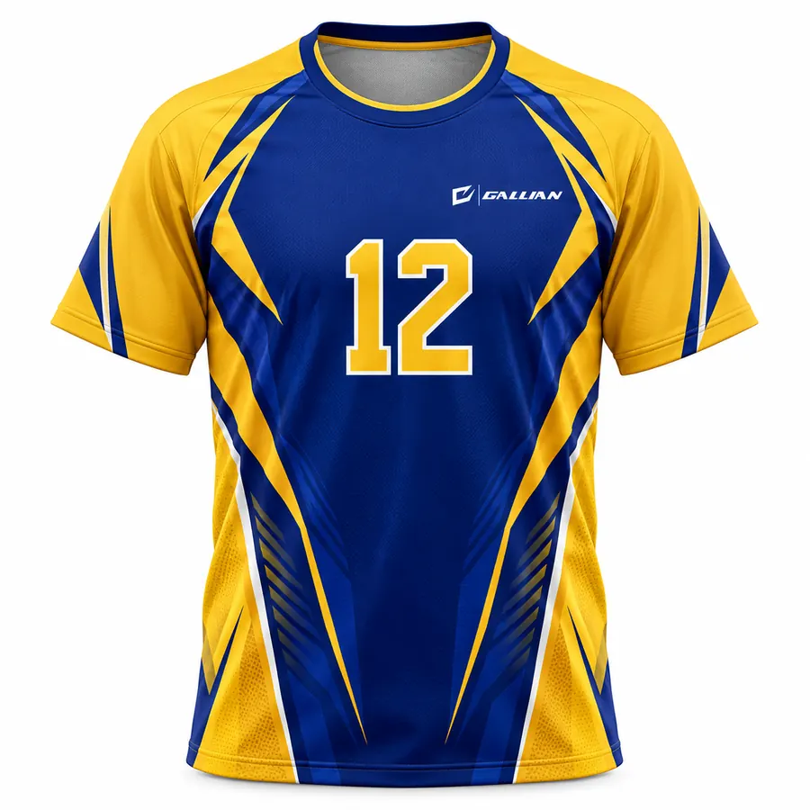 Vortex soccer jersey, royal-blue crew neck with gold raglan sleeves and gold number, by Gallian Sports