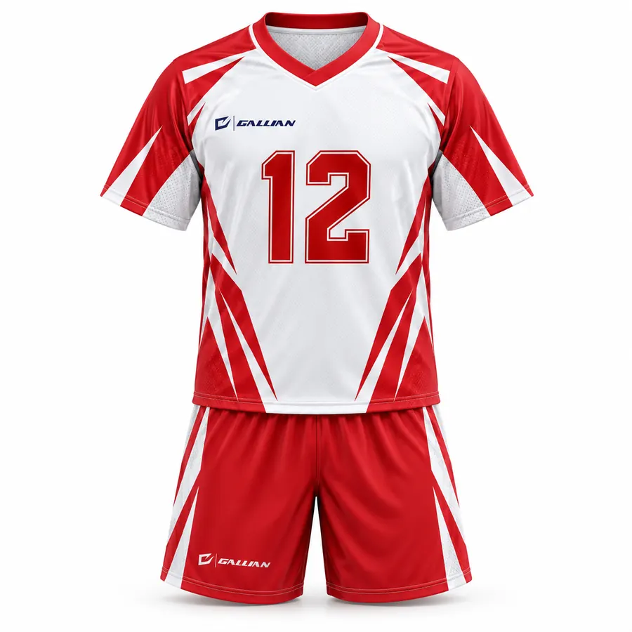 Avalanche soccer kit, white V-neck jersey with red shoulder blades and red shorts, by Gallian Sports