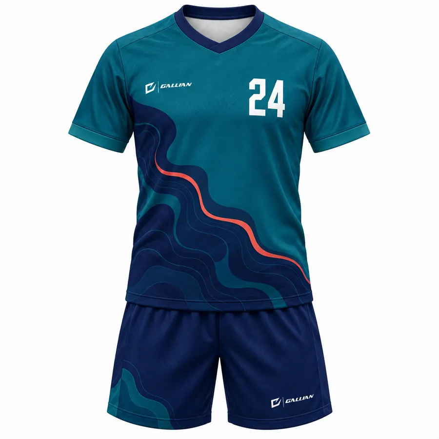 Bramble soccer kit, teal V-neck jersey with navy wave hem and navy shorts, by Gallian Sports