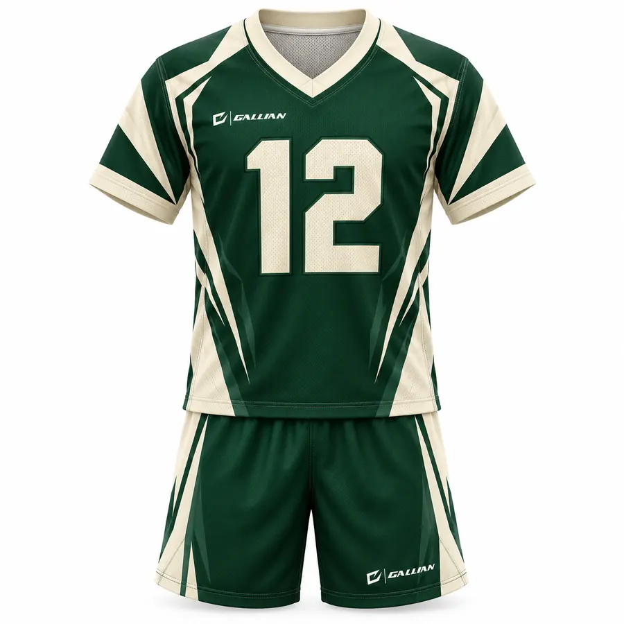 Equinox soccer kit, forest-green V-neck jersey with cream shoulders and green shorts, by Gallian Sports