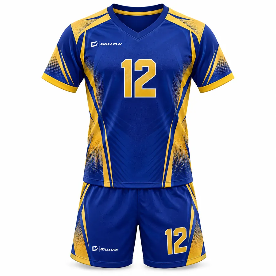 Everest soccer kit, royal V-neck jersey with yellow halftone side sweeps and royal shorts, by Gallian Sports