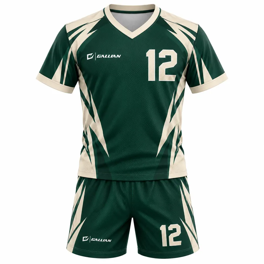 Firebrand soccer kit, forest-green V-neck jersey with cream claw shoulders and green shorts, by Gallian Sports