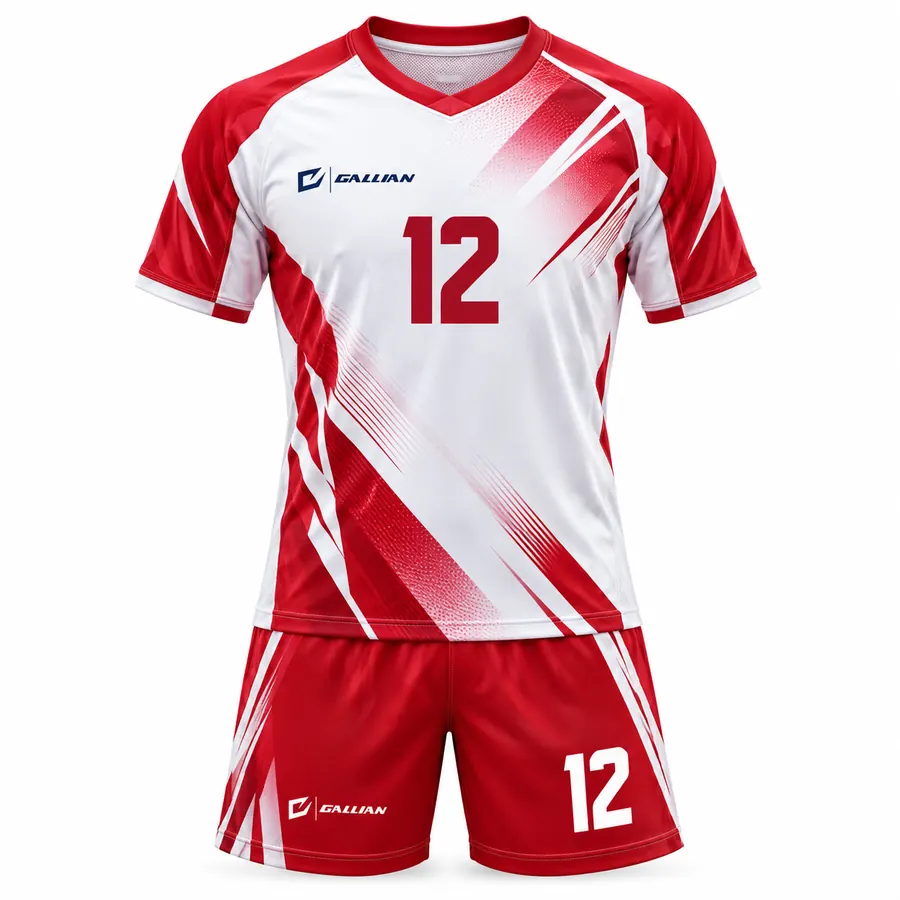Gauntlet soccer kit, white V-neck jersey with red claw slashes and red shorts, by Gallian Sports