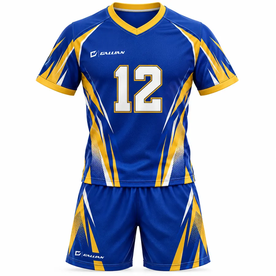 Longhorn soccer kit, royal V-neck jersey with gold collar and gold flame flashes, by Gallian Sports