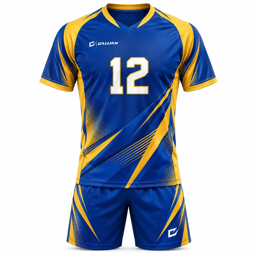 Orbit soccer kit, royal V-neck jersey with gold raglan sleeves and diagonal gold streaks, by Gallian Sports