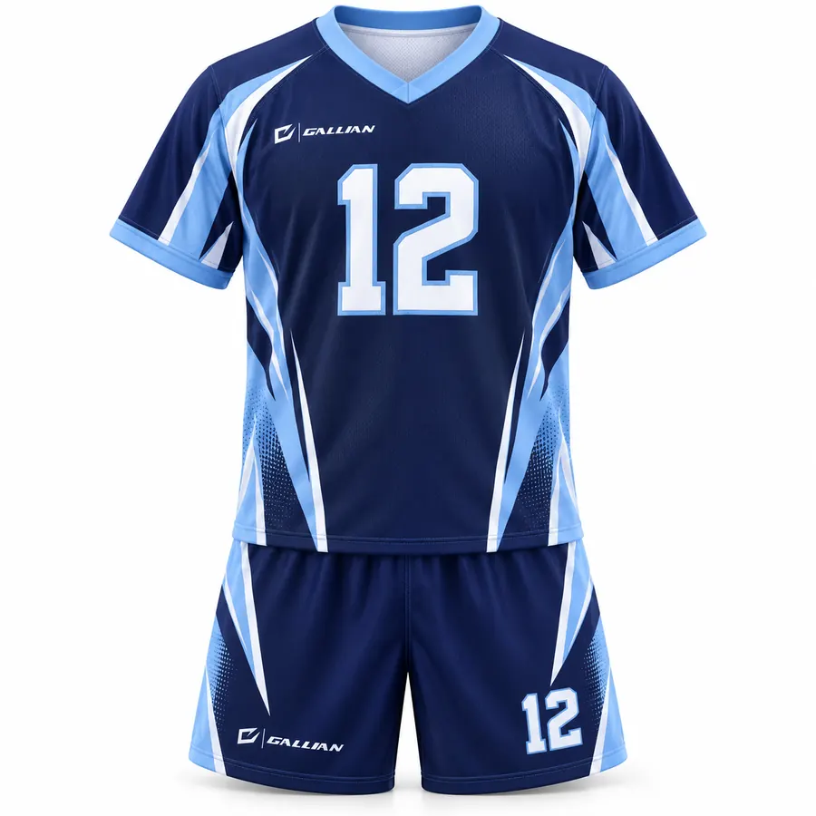 Whirlwind soccer kit, navy V-neck jersey with sky-blue claw-mark shoulders and navy shorts, by Gallian Sports
