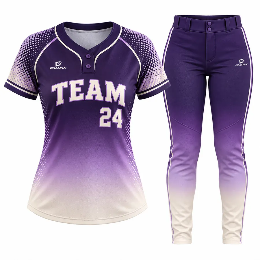 Ember purple-to-cream halftone fade fastpitch softball jersey and fading purple pants by Gallian Sports