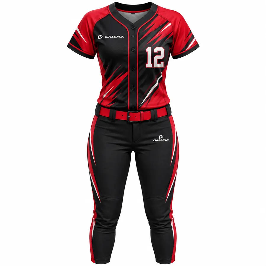 Phantom black fastpitch softball jersey with red raglan sleeves and black striped pants by Gallian Sports