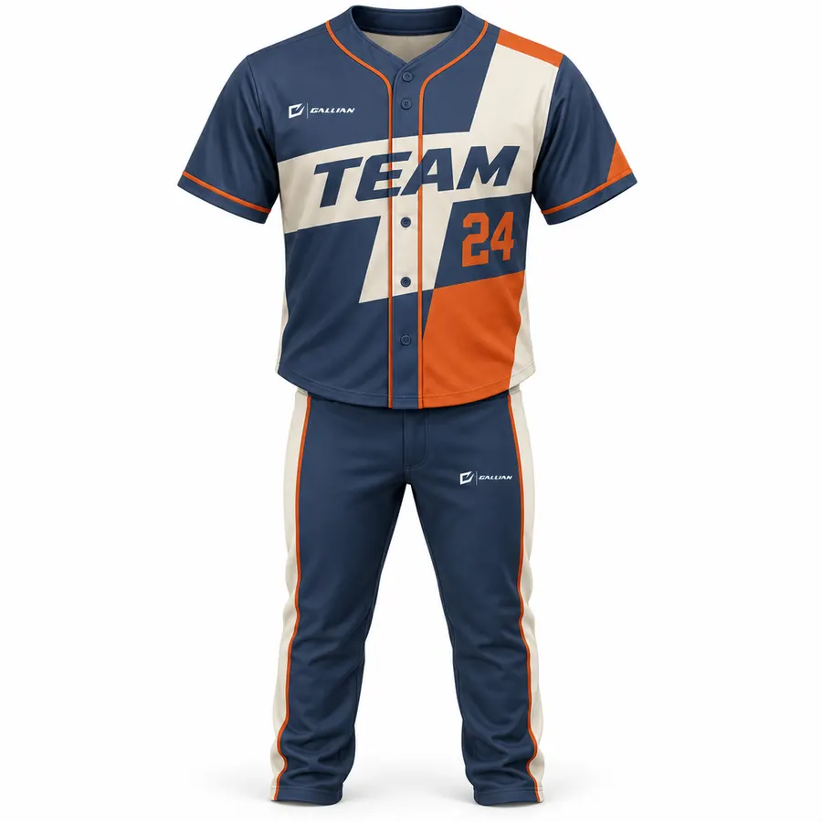 Riptide navy softball jersey with cream and orange diagonal blocks and navy striped pants by Gallian Sports