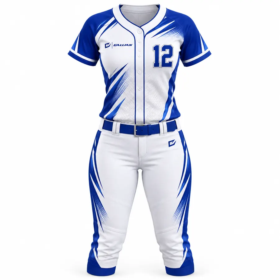 Yukon white women's fastpitch softball jersey with royal raglan sleeves and cuffed knicker pants by Gallian Sports