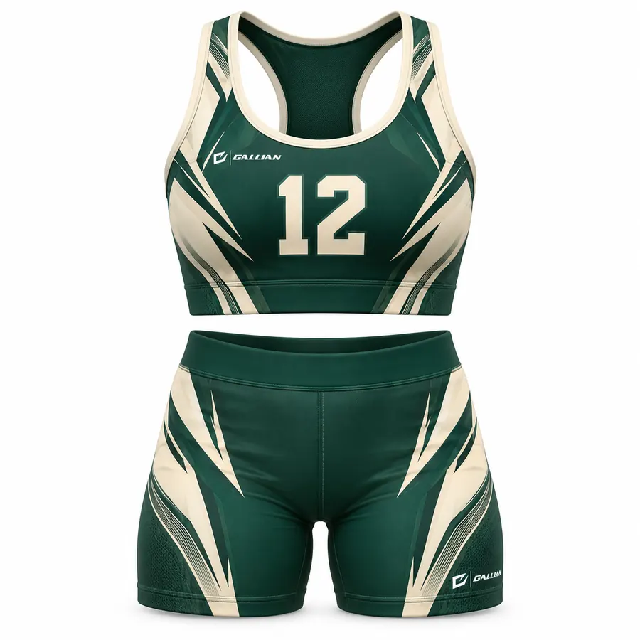 Paladin track crop top and brief set in forest green with cream sweeps by Gallian Sports