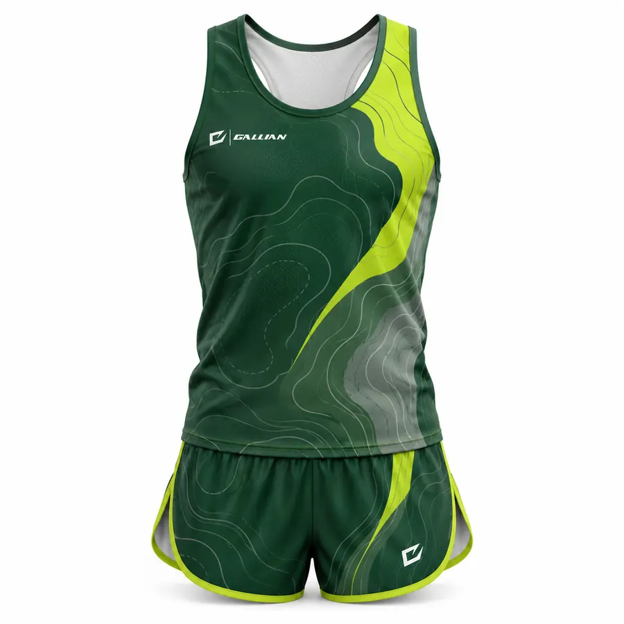 Cinder topo track and field uniform, forest-green singlet with lime sweep and split shorts by Gallian Sports