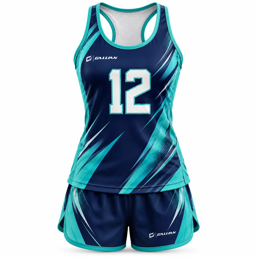 Icefield racerback track and field uniform, navy singlet with teal slashes and split shorts by Gallian Sports