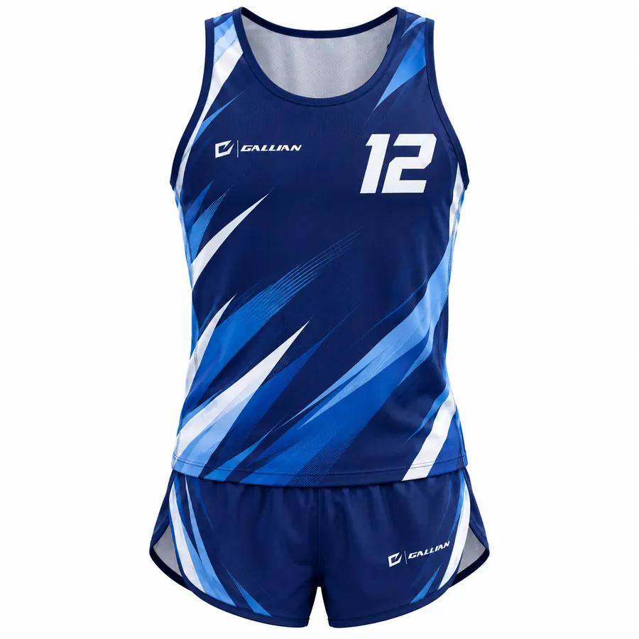Legacy track and field uniform, royal singlet with sky-blue slashes and split shorts by Gallian Sports