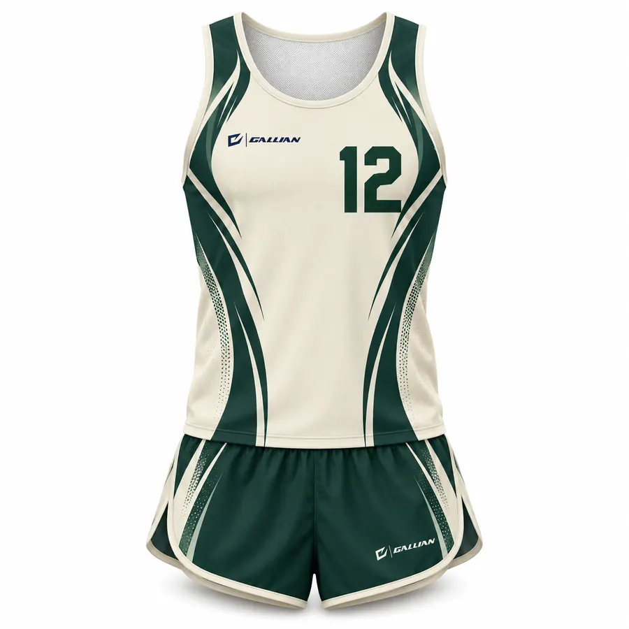 Pinnacle track and field uniform, cream singlet with forest-green sweeps and green split shorts by Gallian Sports
