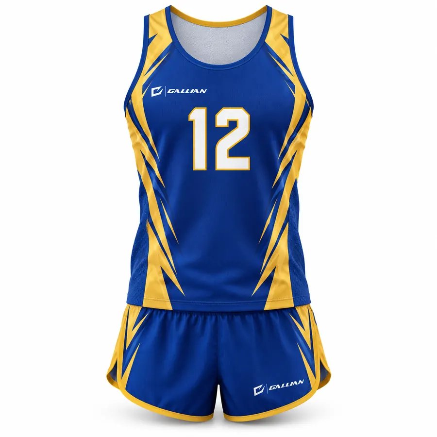 Stormfront track and field uniform, royal singlet with gold sawtooth sides and royal split shorts by Gallian Sports