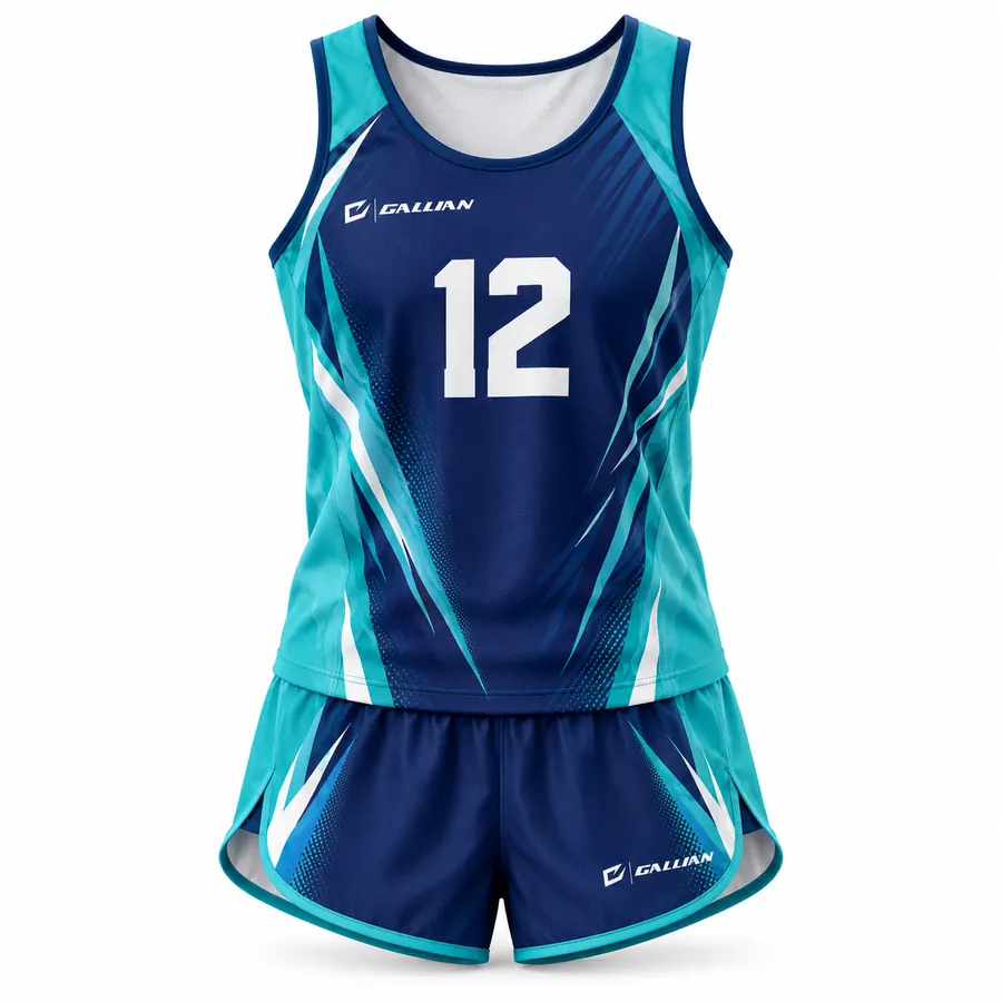 Timber track and field uniform, teal-framed singlet with navy center and navy split shorts by Gallian Sports