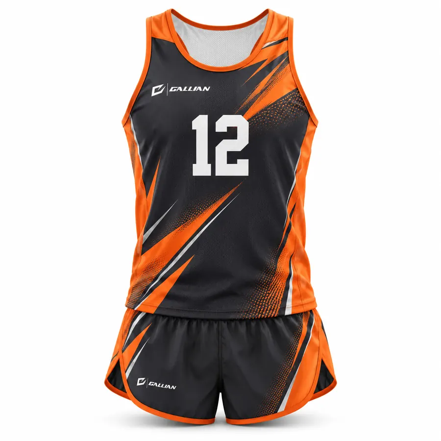 Valor track and field uniform, black singlet with orange flame slashes and black split shorts by Gallian Sports