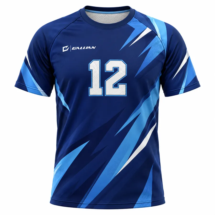 Cobalt royal blue ultimate frisbee jersey with sky-blue and white slashes and center number by Gallian Sports