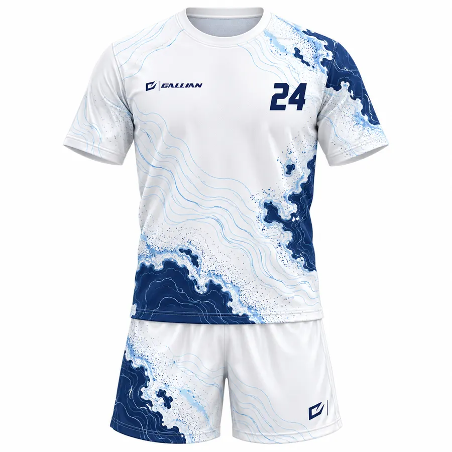 Dynamo white ultimate frisbee jersey and shorts with navy Japanese-style wave print by Gallian Sports