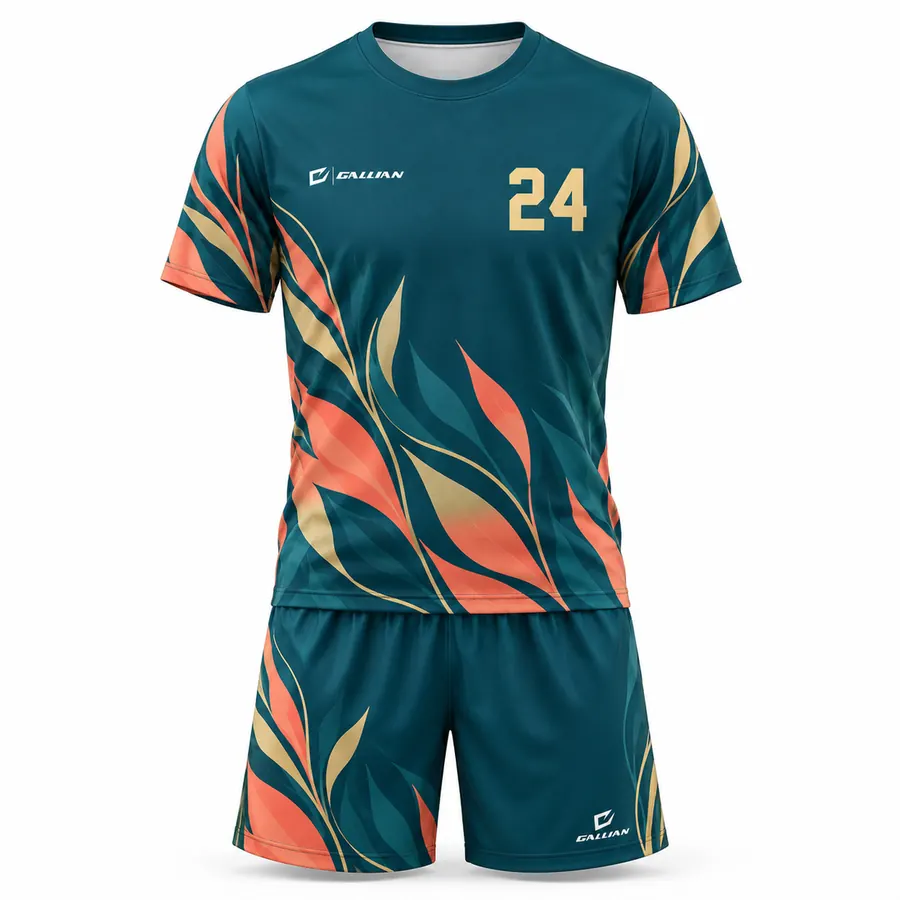 Eclipse teal ultimate frisbee jersey and shorts with coral and gold tropical leaf print by Gallian Sports