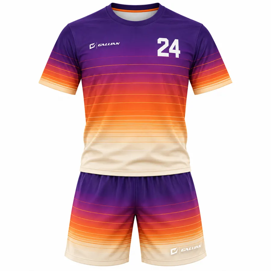 Falcon ultimate frisbee jersey and shorts fading from purple to orange to cream sunset stripes by Gallian Sports