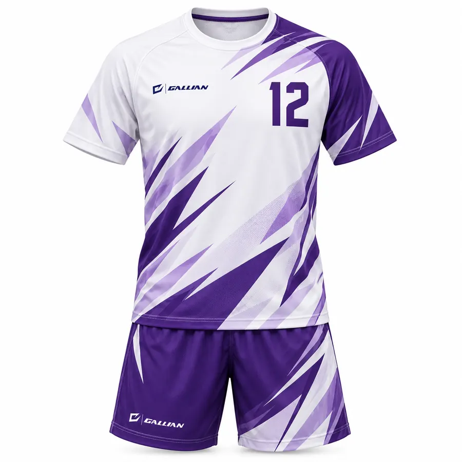 Liberty white ultimate frisbee jersey with purple slashes and purple shorts by Gallian Sports