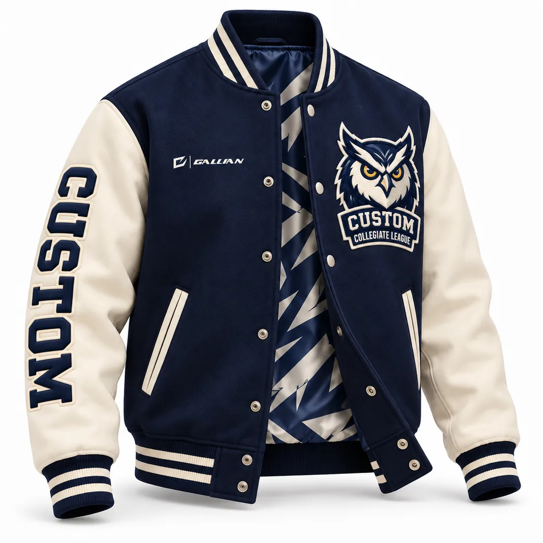 Custom Varsity Jackets – Navy & Cream, custom varsity jackets by Gallian Sports