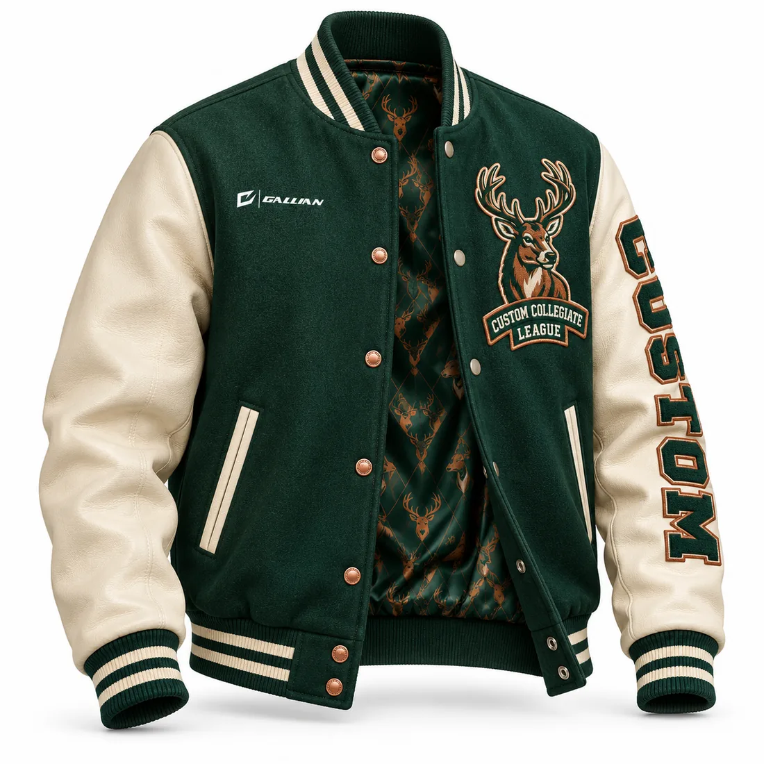 Custom Varsity Jackets – Forest Green & Cream, custom varsity jackets by Gallian Sports