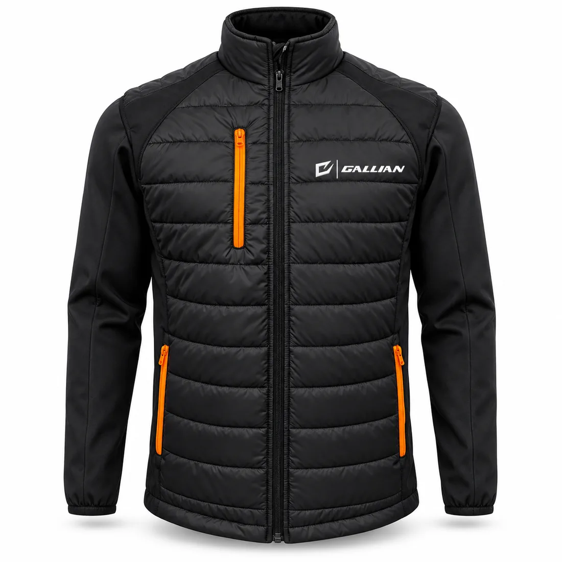 Custom Team Puffer Jackets – Hybrid Quilted — Black & Orange, custom team puffer jackets by Gallian Sports