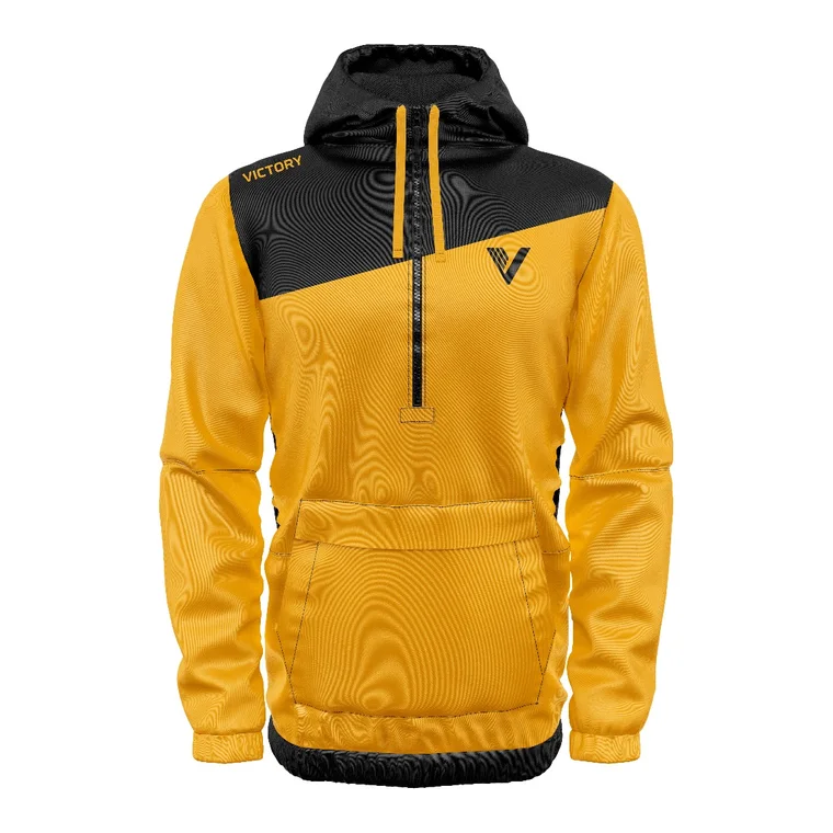 Victory Half-Zip Hoodie – design 2 in gold & orange, custom team apparel by Gallian Sports