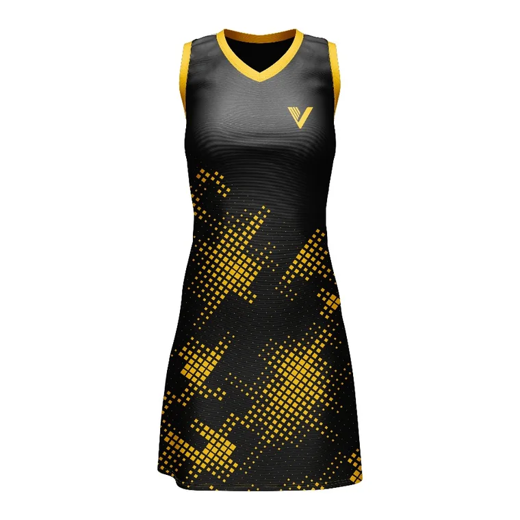 Victory Netball Dress – design 2 in black & charcoal, custom team apparel by Gallian Sports