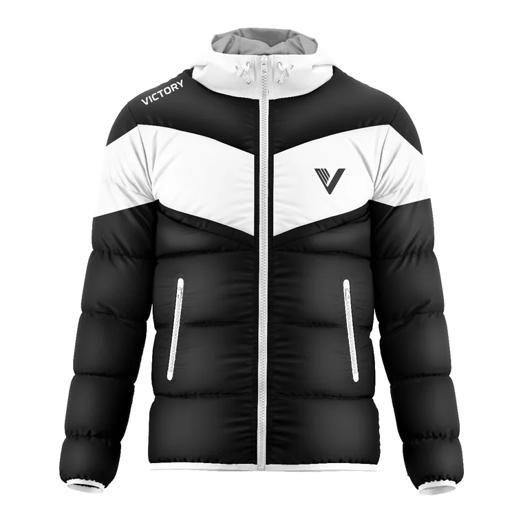 Victory Puffer Jacket – design 2 in black & charcoal, custom team apparel by Gallian Sports