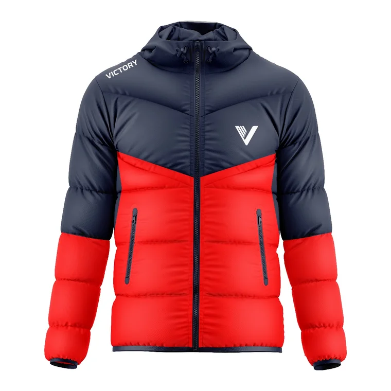 Victory Puffer Jacket – design 3 in red & charcoal, custom team apparel by Gallian Sports