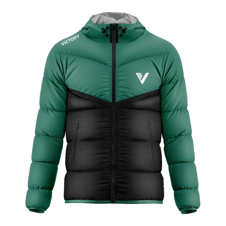 Victory Puffer Jacket – design 4 in forest green & black, custom team apparel by Gallian Sports